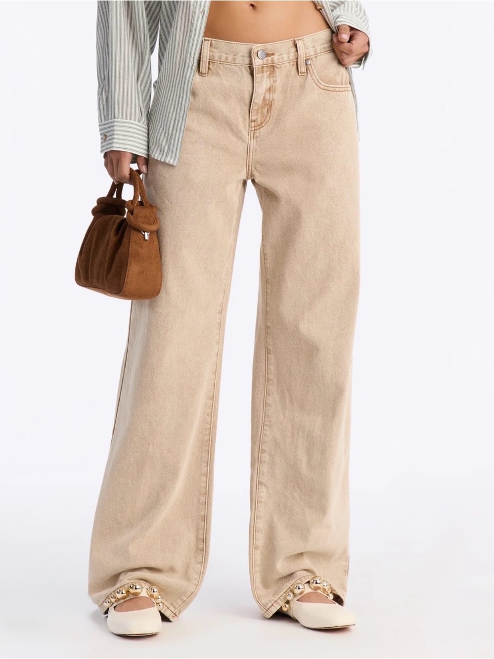 High-Rise Wide-Leg Jeans in Light Beige
